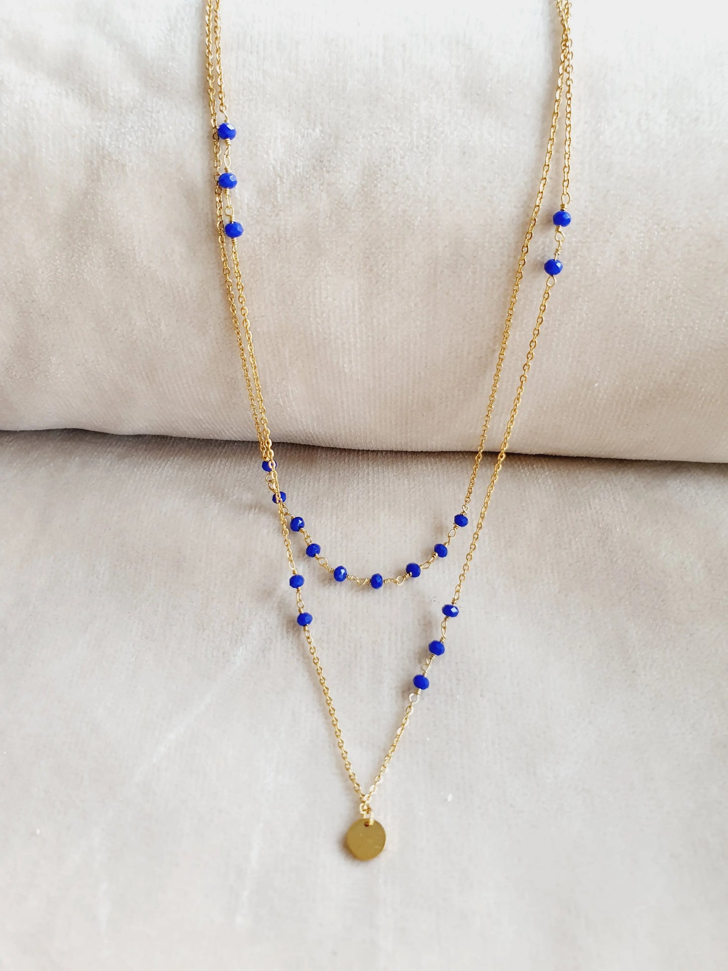 Collier double chaine dorée avec perles bleues Lina shop