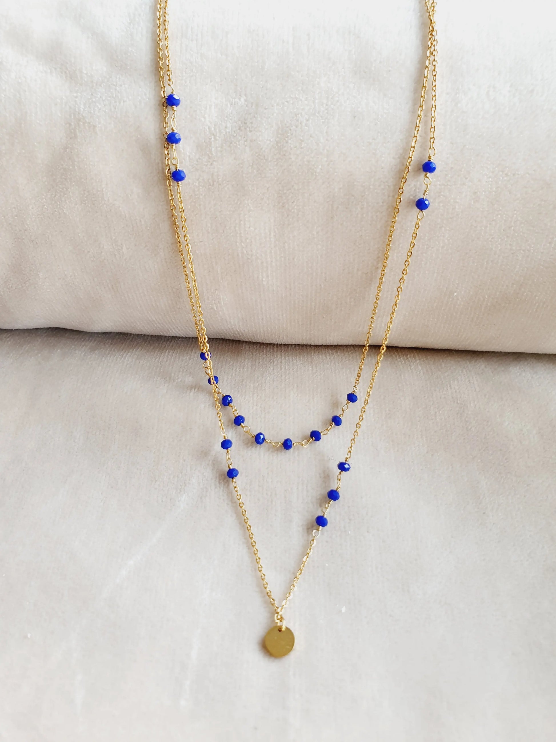 Collier double chaine dorée avec perles bleues Lina shop