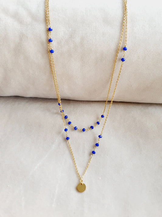 Collier double chaine dorée avec perles bleues Lina shop